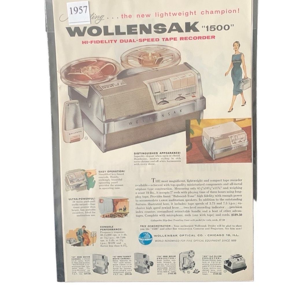 Vintage 1957 Wollensak 1500 Duel Speed Tape Recorder Ad Advertisement
